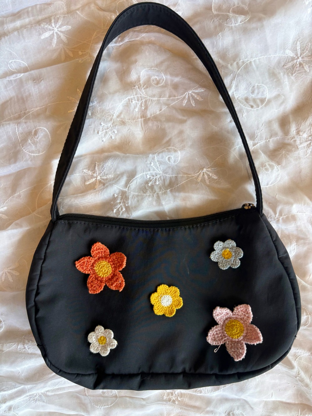 Floral Crochet Appliqué Retro Style Black Shoulder Bag